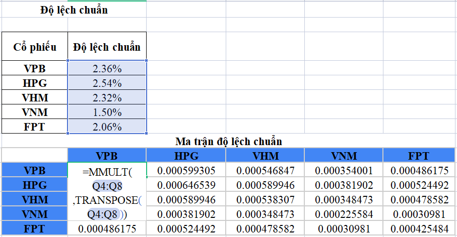 Tính toán phương sai của danh mục đầu tư